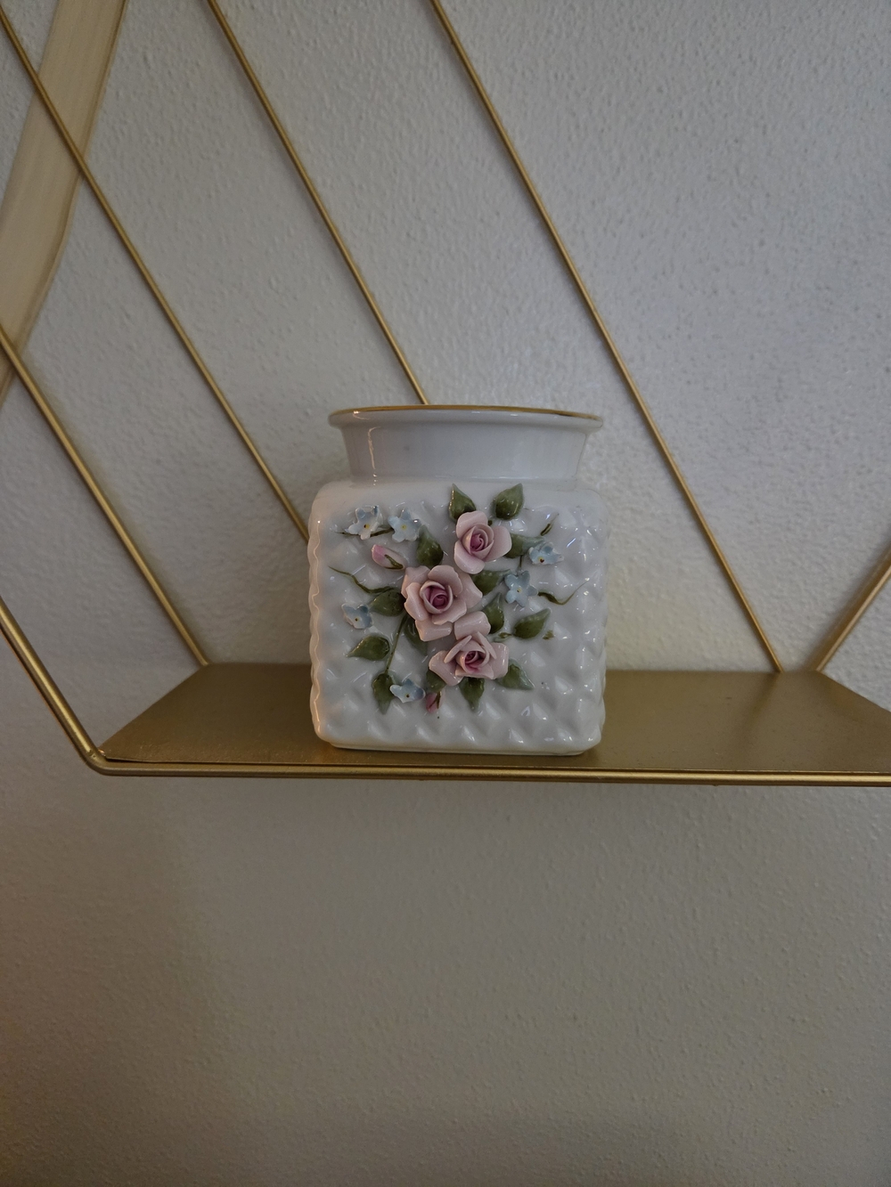 White Porcelain Vase with Pink Rose Appliques